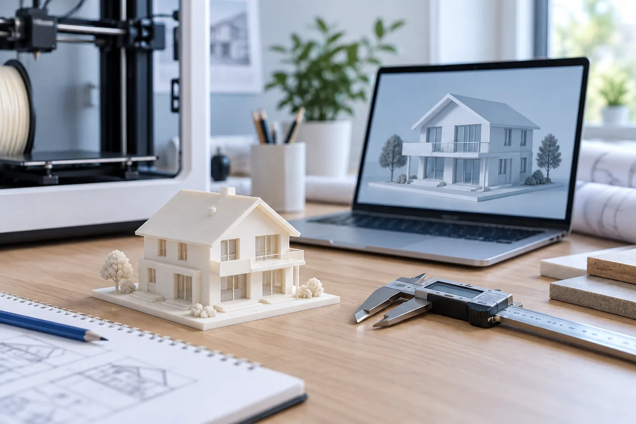 A small ivory printed house model, calipers and a slightly larger digital-looking model on a desk beside a printer, shallow depth of field.