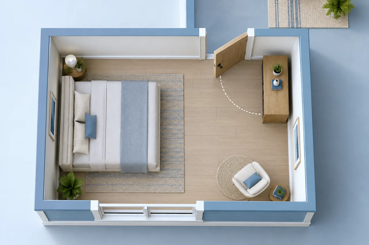 A top-down architectural room model with a partially open door and a cabinet placed beyond the door swing, subtle drawn arc, no text.