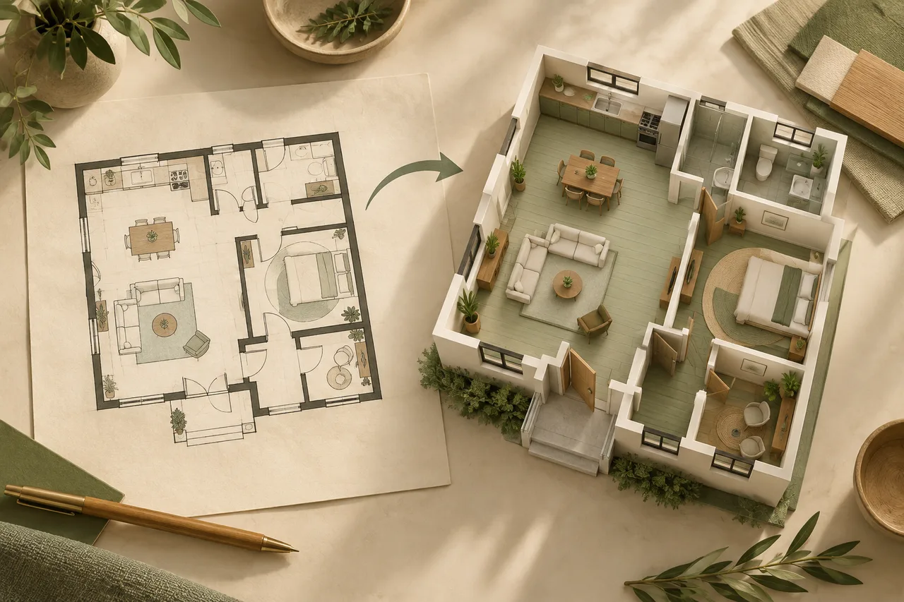 Architectural model beside a plan, showing the idea of exploring a space in 3D